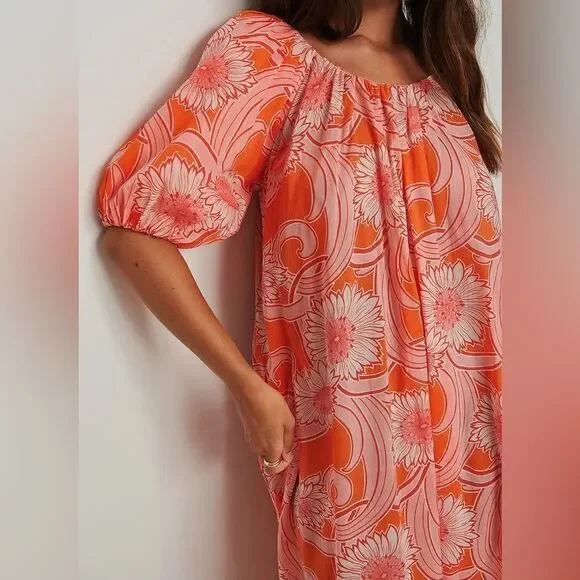 Mango Printed Cotton Dress Flowy Voluminous Maxi Puff Sleeves - Picture 6 of 6